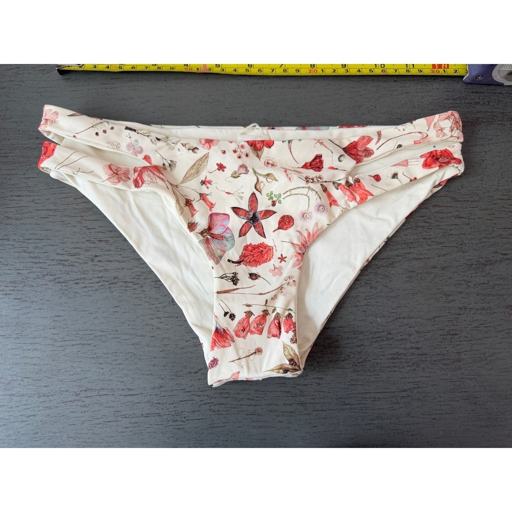 L*Space Floral Double Banded Bikini Bottom Cream Red XS Made in USA